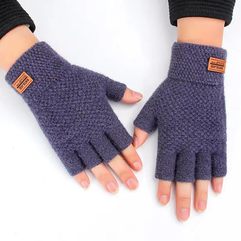 New Men Winter Wool Fingerless Gloves Half Finger Writting Office Knitted Alpaca Warm Leather Label Outdoor Thick Driving Gloves