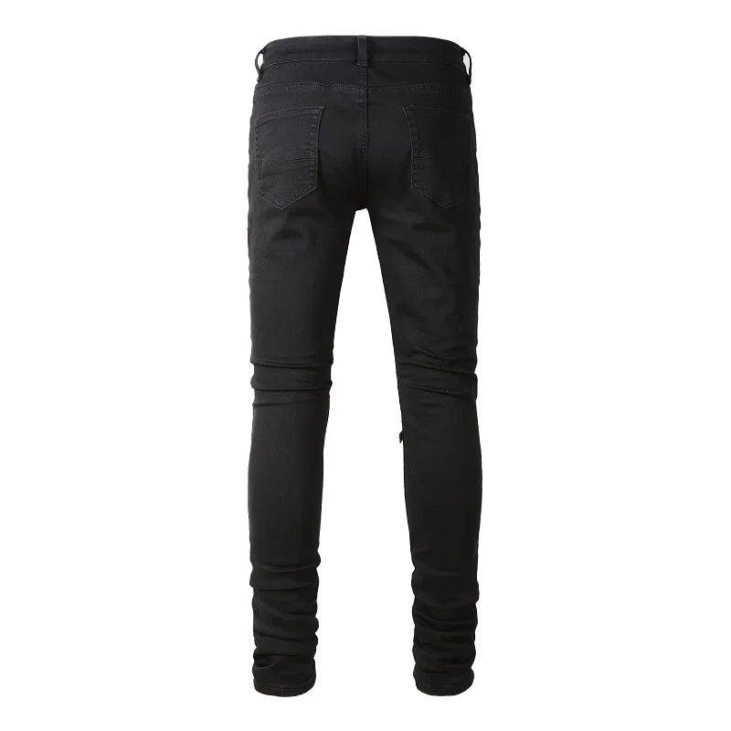 Men's Distressed Black Classical Leather Ribs Patchwork Holes Stretch Slim Fit Streetwear Designer Ripped Jeans