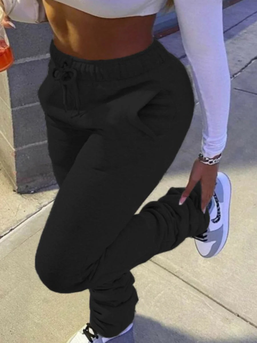 LW Plus Size Plain Pocket Sweatpants Mid Waist Drawstring Ruched Women Pants Stacked Trousers Sporty Casual Daily Bottoms