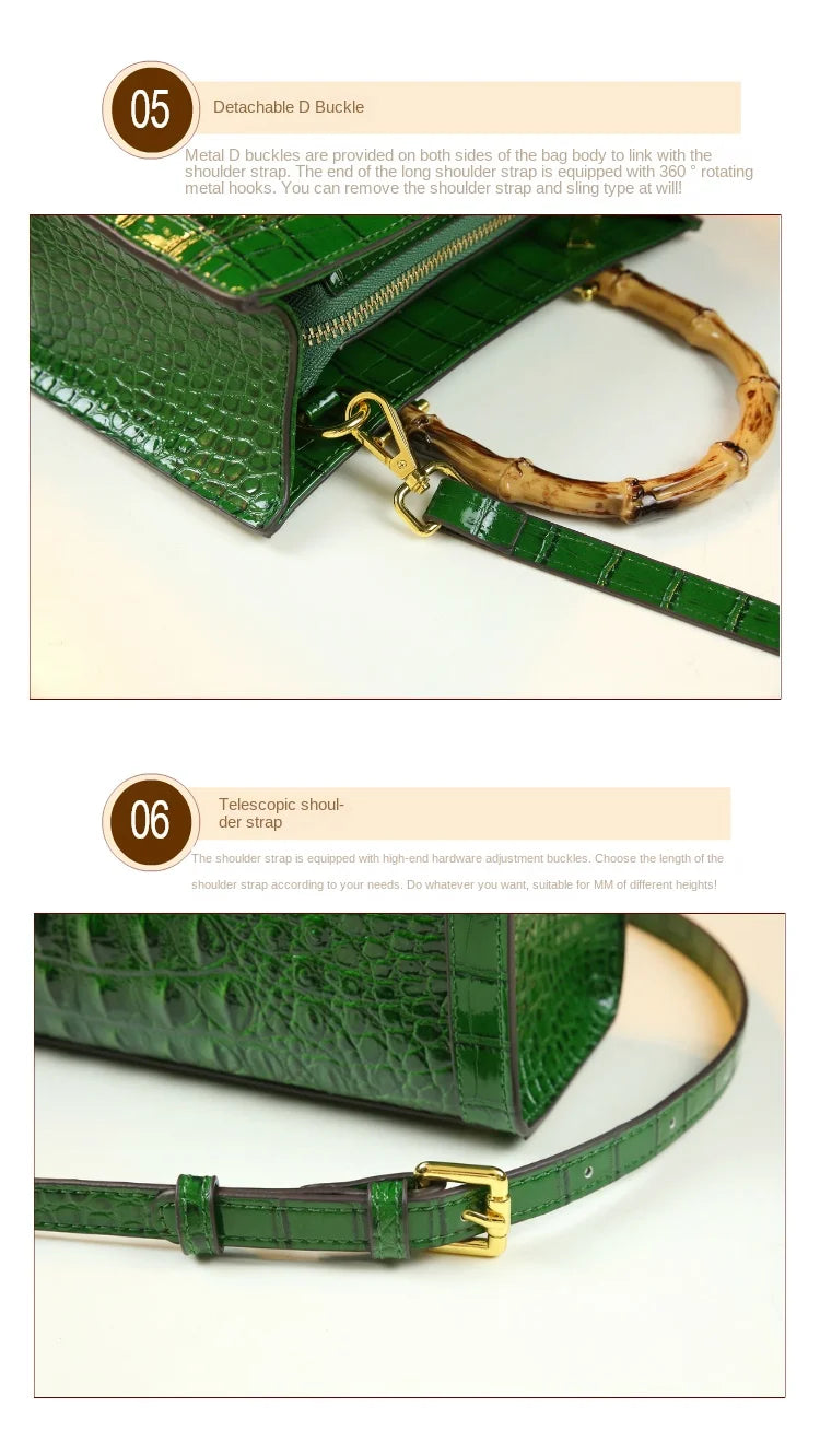 Crocodile Pattern Leather Women's Handbags Bamboo Handle Portable Tote Bag Mom Tide Shoulder Messenger Bags 2025 New Fashion