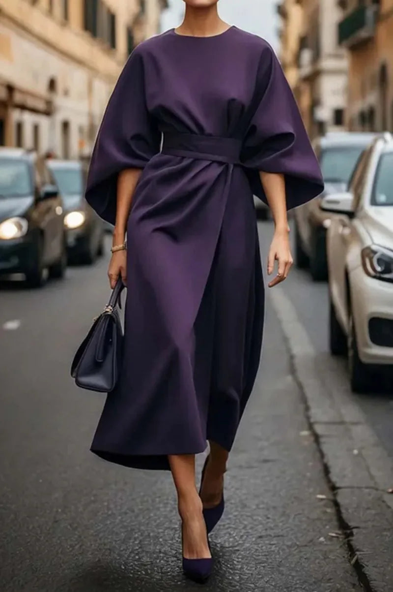 Spring Summer New Women's Fashion Style Elegant Solid Color Waist Dress Casual Bat Sleeve Long Dress Vestidos Para Mujer