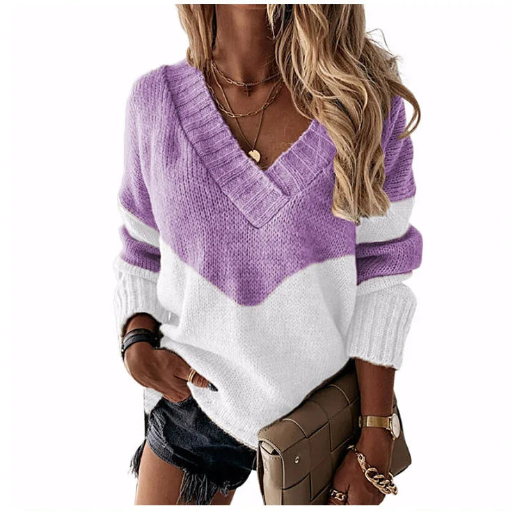 Pullovers Women Sweaters New long-sleeved 2021 Autumn Winters V Collar Loose Color Matching Sweaters Women Fashion OLN6057