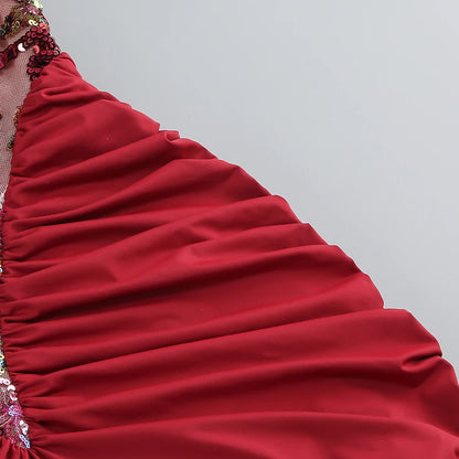 Sexy Red Floral High-Neck Bodycon Dress with Pleated Detailing – Halter Sleeveless Evening Gown | Stylish Party Wear