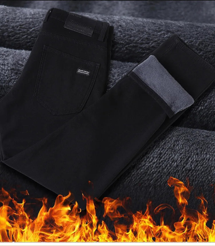 Winter Fleece Thick Warm Men Jeans Slim Skinny Stretch Straight Classic Version of Black Denim Plush Pants Male Brand Clothing