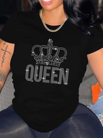 LW Women's Plus Size T-Shirts Letter Graphic Short Sleeve T-shirt Tee Women Casual Rhinestone Decor Tops Summer Women's Clothing