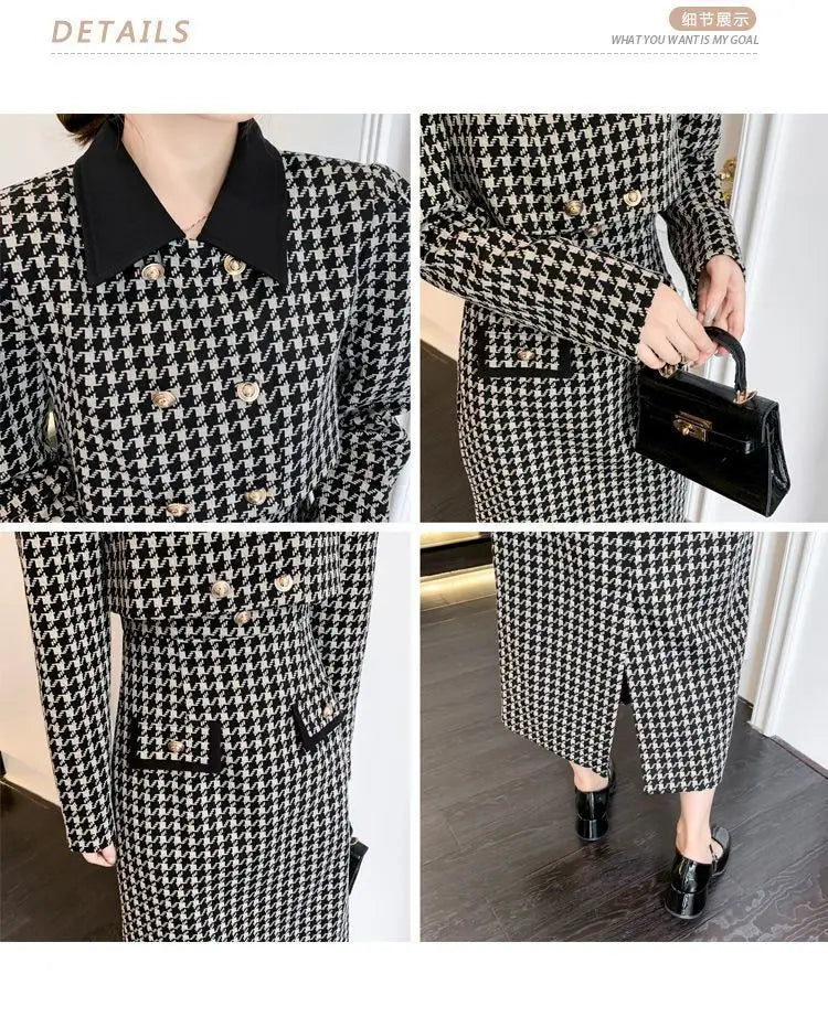 Spring Autumn New Dress Set Women Turn-down Collar Long Sleeve Button Patchwork Cardigan Elegant Slim All-match Slip Dresses