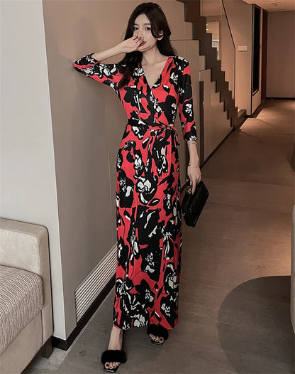 FANIECES Summer Wrap Dresses Women Sexy V Neck Split Maxi Dress Print Female Casual Beachwear Lace Up Party Vestidos Robe платье