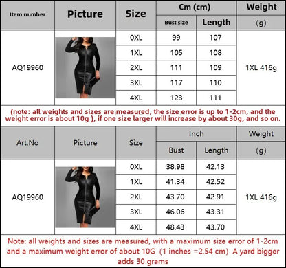 Plus Size Elegant Zipper PU Leather V-Neck Midi Long Sleeve Bodycon Dress Women's plus Size Dress Fashionable Cross-Border Gown