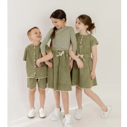 AP 2025 SS washed green denim Fringe collection boys girls fashion cotton jeans dress shirt skirt family clothing