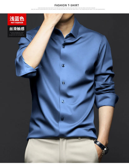6XL Large High Quality Formal Dress Autumn and Winter Men's Long Sleeve Pure White Shirt Non iron Business Casual Ice Silk