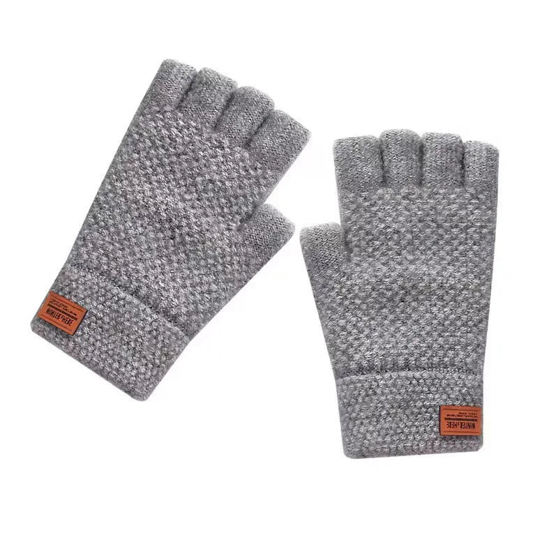 New Men Winter Wool Fingerless Gloves Half Finger Writting Office Knitted Alpaca Warm Leather Label Outdoor Thick Driving Gloves