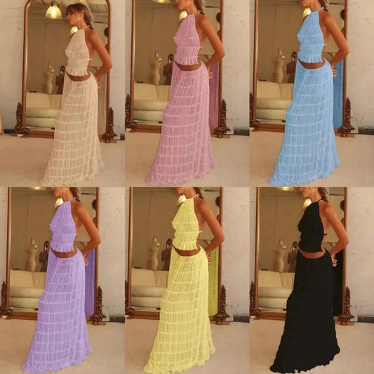Beach Dresses Women 2024 Skirt Set Sleeveless Backless Cropped Halter Tops Drawstring Long Skirts Elegant Fashion 2 Piece Sets