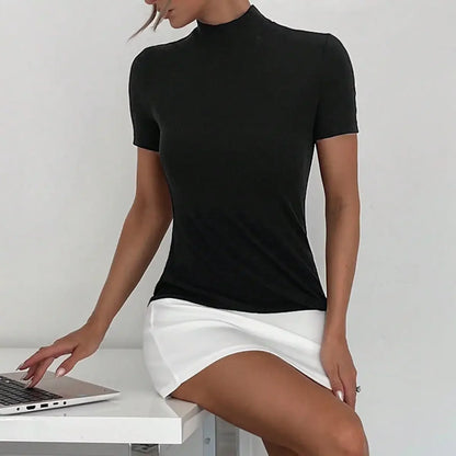 Spring and summer simple and generous half high neck short dress short sleeve color matching slim body all commute