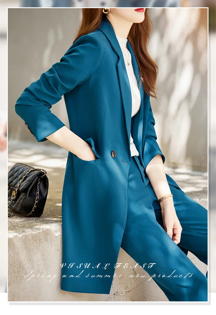 High End Office Professional Women's Blazer Pants 2-Piece Set Fall Fashion Long Female Jacket Over Business Suit Casual Trousers