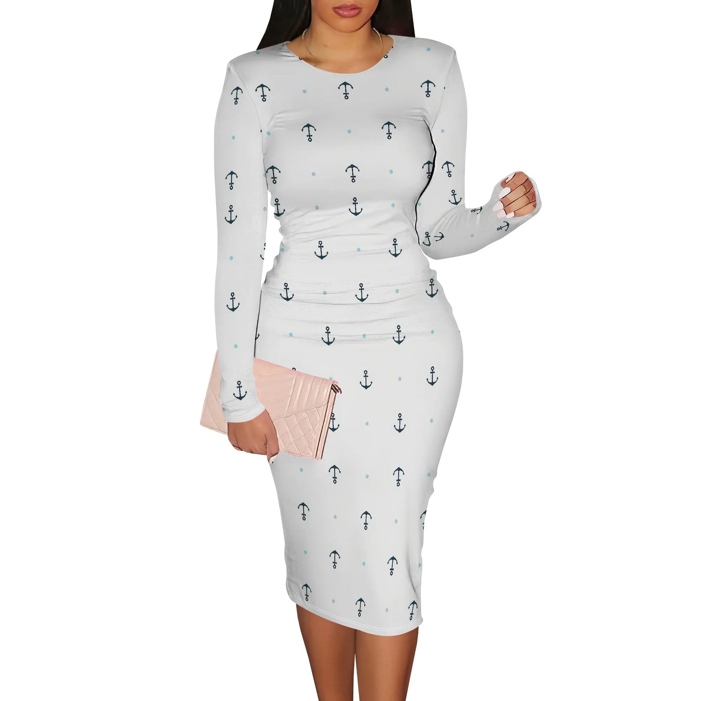 Women's Spring Casual Dress Sexy Slim Pleated Long Sleeve Crew Neck Midi Dress Fashion Out Party Pencil Skirt