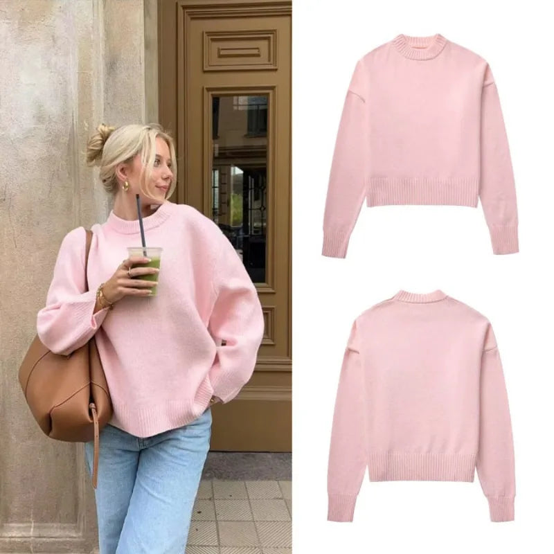 Pink Sweet Autumn Winter Women Warm Knitted Jumper New Round Neck Pullover Tops Loose Casual Long-sleeved Bottomed Sweater Women