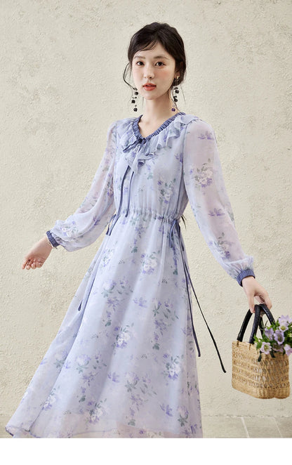 MISHOW Print Spring Summer Dress for Women New 2025 Ruffled V-neck Long Sleeve Blue French Dresses Female Fashion MXE15L2139
