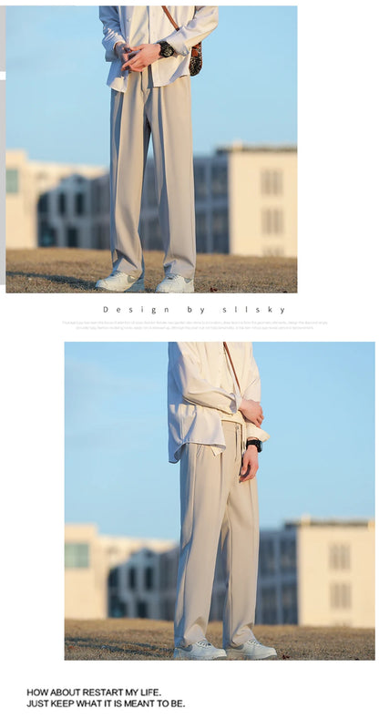 Spring Summer Men Suit Pants Wide Leg Long Drape Trousers Fashion Streetwear Clothing Solid Stretch Waist Oversize Pants Black