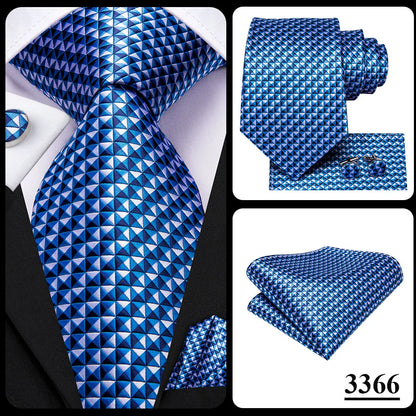 Hi-Tie Designer Silk Wedding Tie For Men Blue White Plaid Handky Cufflink Set Fashion Necktie For Men Business Party Wholesale