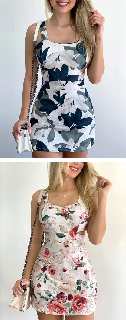 Spring Summer Printed Mini Dresses For Women Sleeveless Hollow Out Package Hip Slim Short Dress Fashion Night Club Party Vestido