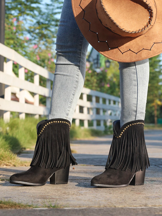 New fashion women's boots thick heel pointed tassel boots female