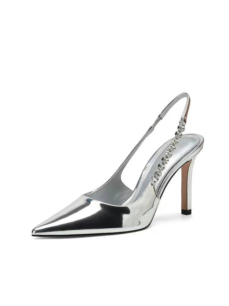 Shiny High Heels Slingback Silver Women Pumps Metallic Crystal Sandals Pointy Toe Stiletto Heeled Shoes Party Dress Shoes Woman