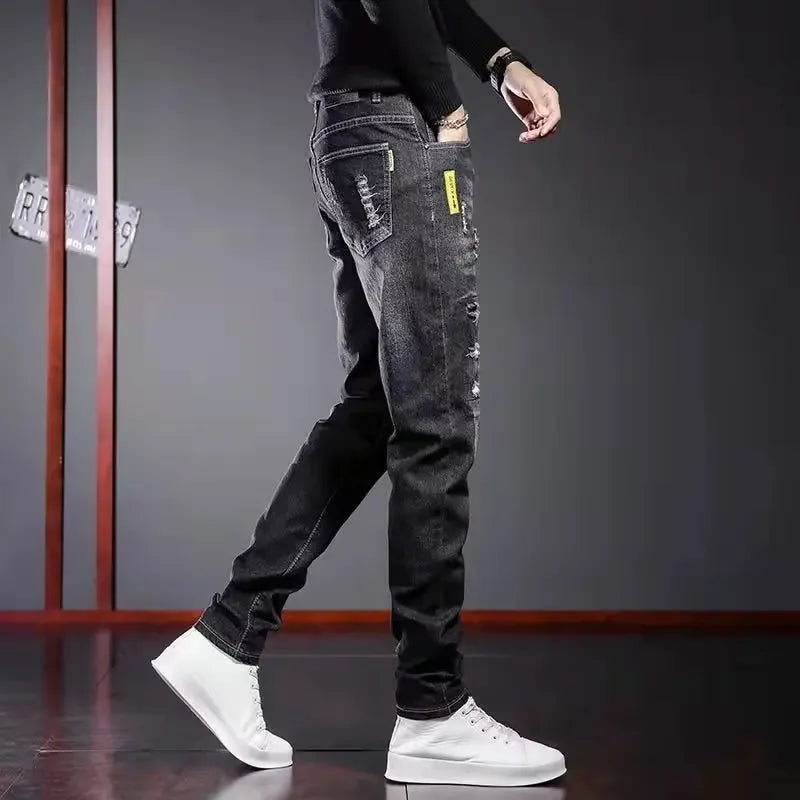 Men's Spring Autumn New Style Black Casual Jeans Korean Trendy Versatile Distressed Slims Smooths Your Silhouette Men's Trousers