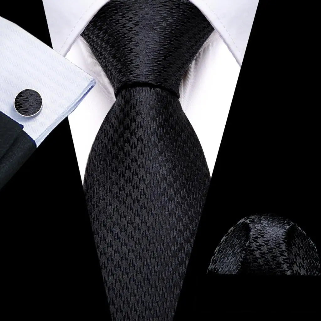 Barry.Wang Black White Gray Silver Silk Men Tie Handkerchief Cufflinks Set Jacquard Necktie for Male Wedding Business Party Gift