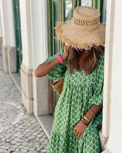 Spring Summer Loose Maxi Dresses Bohemian Floral Print Puff Sleeve V-Neck 2025 New Beach Dress Bodycon Casual Boho Vestidos Robe