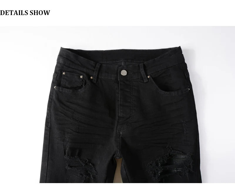 High street fashion new men's black jeans stretch slim fit retro washed leather patch jeans hip-hop brand designer pants Hombre