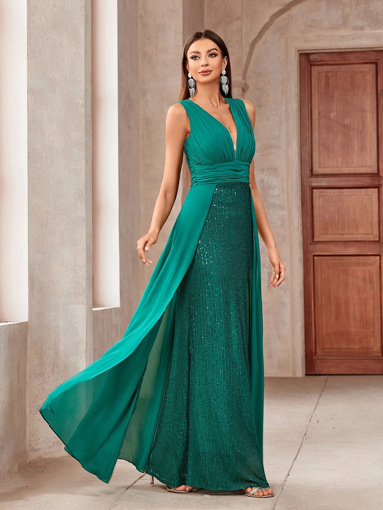 Vestidos De Fiesta High Waist Sexy V-Neck Sequin Gown Fashion Sleeveless Slim Prom Robe Banquet Cocktail Party Long Formal Dress