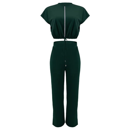 Women Casual Round Neck Drawstring Short Sleeve Top & High Waist Pants Set Summer Solid Two Piece Suit Sets Outfits Set Female