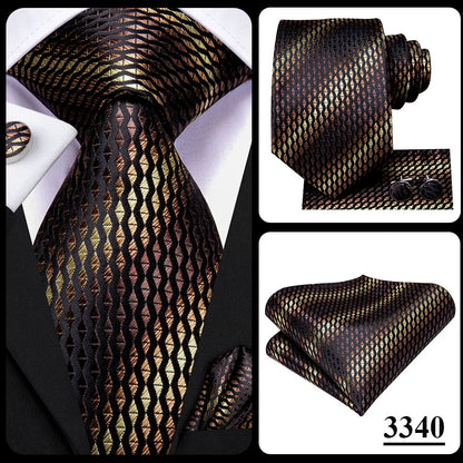 Hi-Tie Paisley Brown Tie For Men Elegant Mens Necktie Pocket Square Cufflink Groom Wedding Accessory Wholesale New Designer