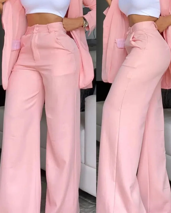 2024 European and American Women's Clothing Temperament Elegant Solid Color Split Sleeve Lapel Suit Pocket Straight Pants Suit