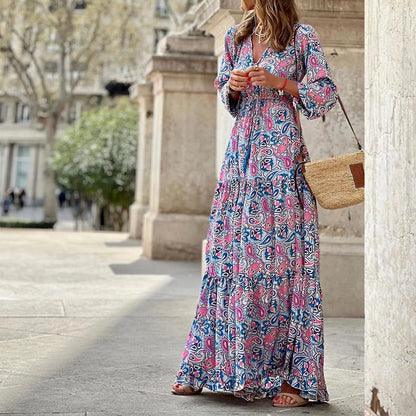 Elegant Women's Flower Long Dresses 2024 Spring New Bohemian Printed  Dress Abıye Kadın Abiye  Платье Robe Ete Femme Vestidos