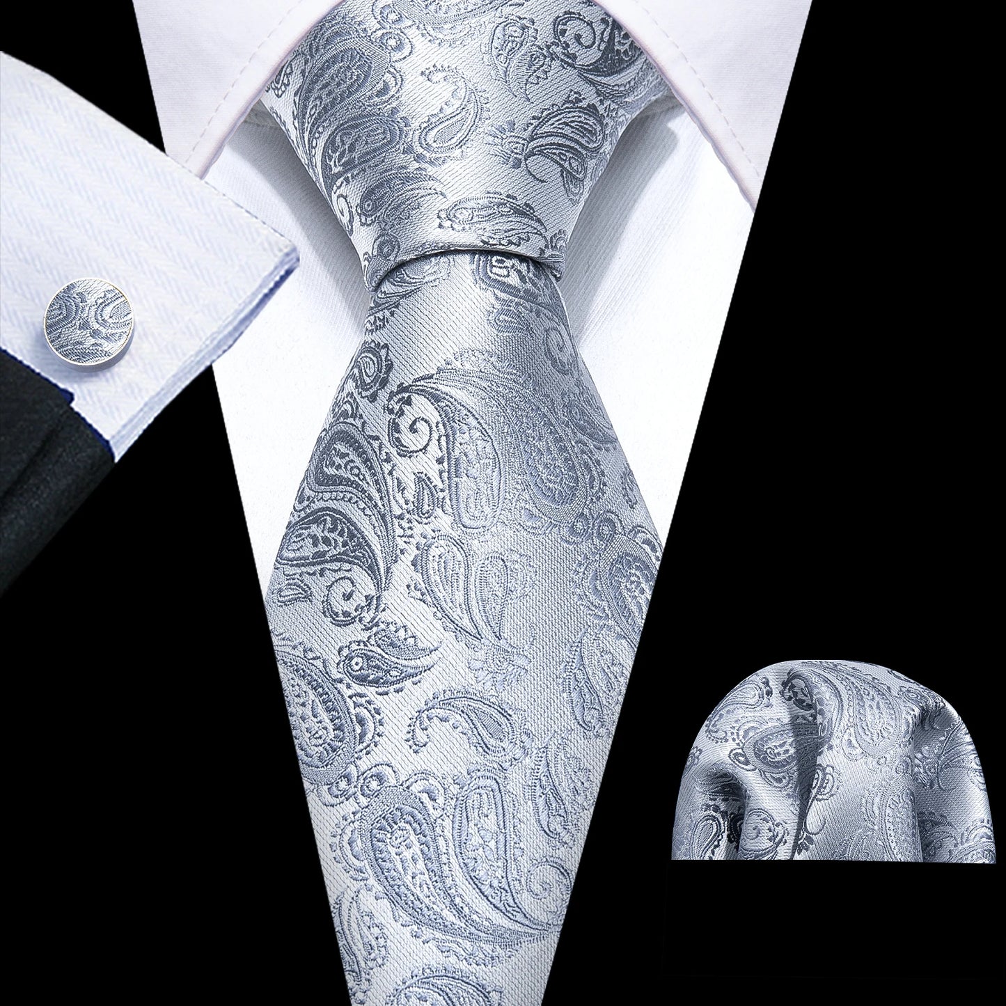 Barry.Wang Black White Gray Silver Silk Men Tie Handkerchief Cufflinks Set Jacquard Necktie for Male Wedding Business Party Gift
