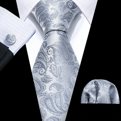 Barry.Wang Black White Gray Silver Silk Men Tie Handkerchief Cufflinks Set Jacquard Necktie for Male Wedding Business Party Gift