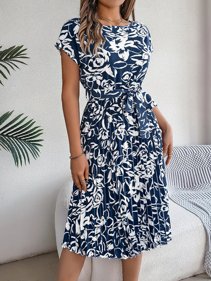 Spring Summer Elegant Flower Print Dress Short Sleeve Folded Dresses for Women Mother's Day