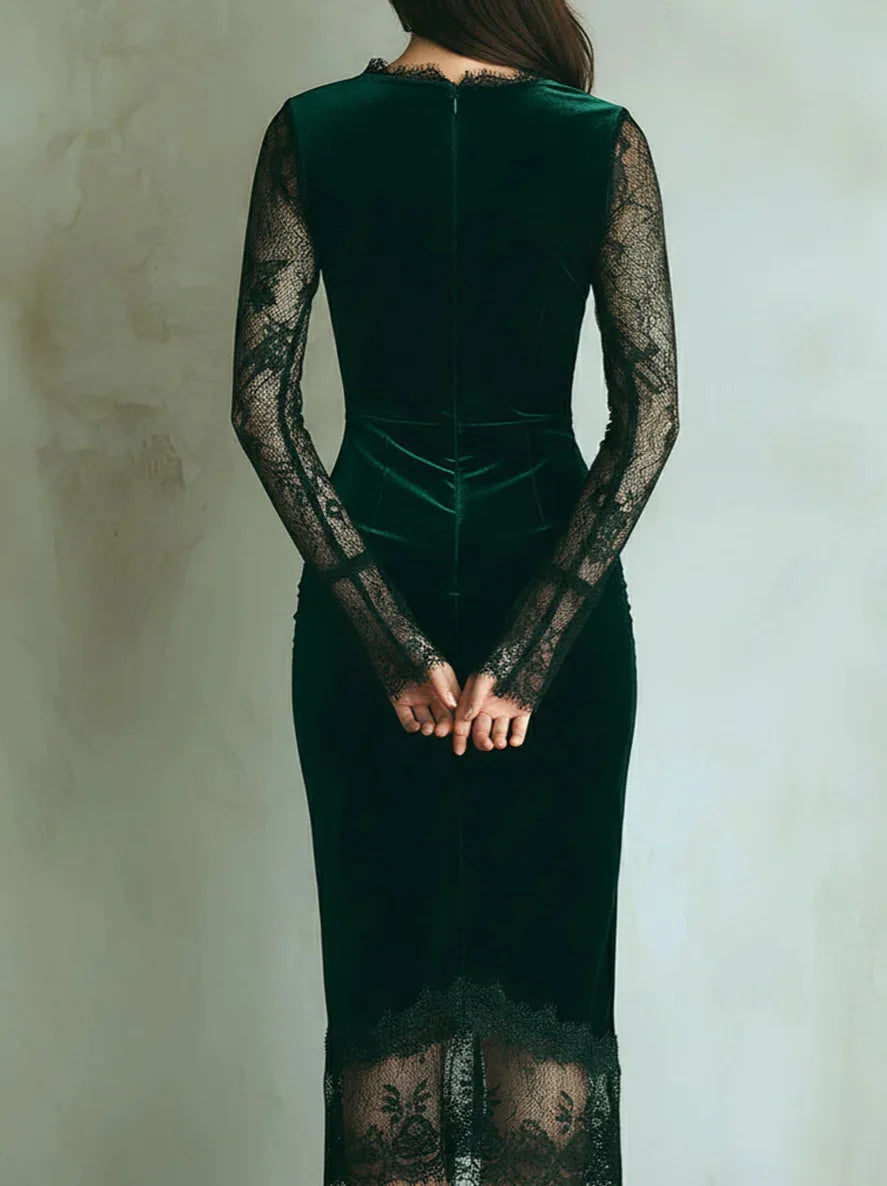 Women’s Velvet Ruched Bodycon Midi Dress with Square Neck and Sheer Mesh Long Sleeve Slim Fit Elegant Party Dress
