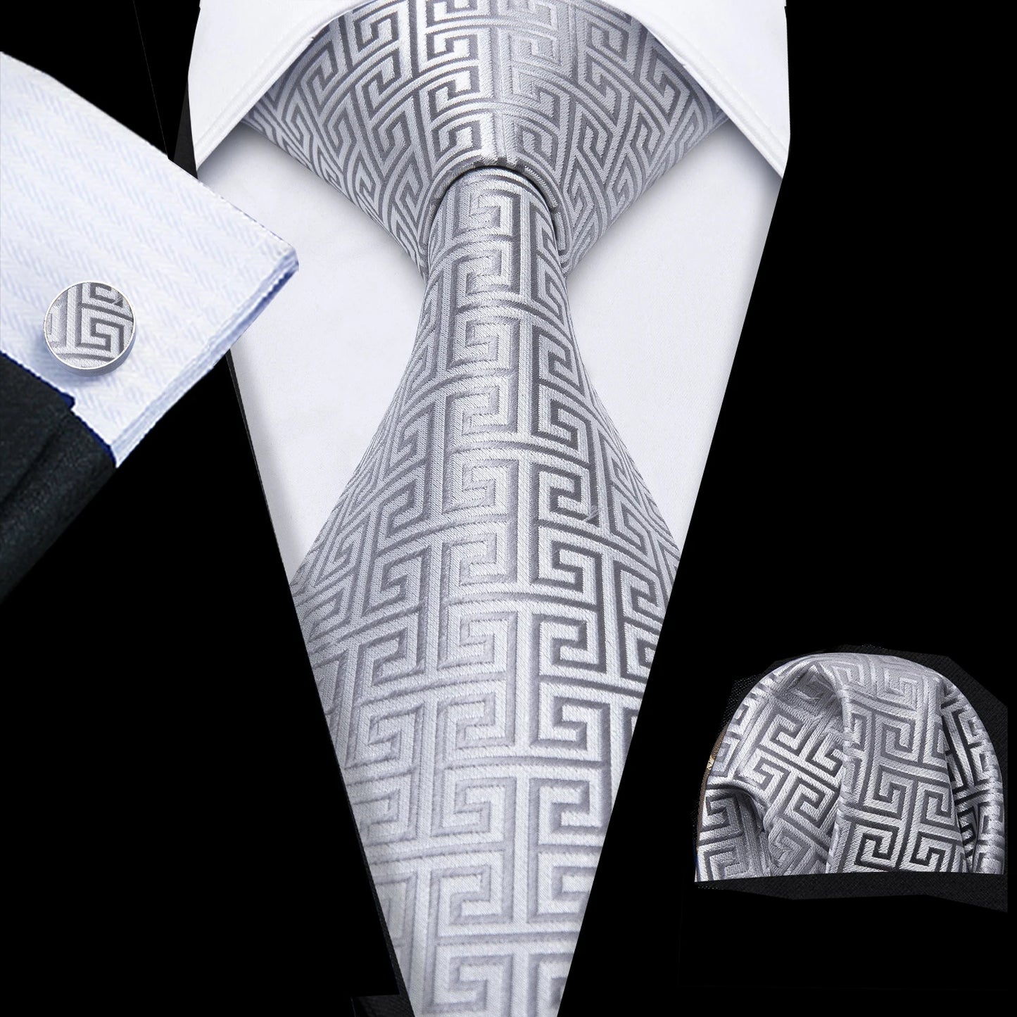 Barry.Wang Black White Gray Silver Silk Men Tie Handkerchief Cufflinks Set Jacquard Necktie for Male Wedding Business Party Gift