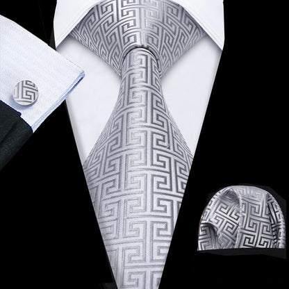 Barry.Wang Black White Gray Silver Silk Men Tie Handkerchief Cufflinks Set Jacquard Necktie for Male Wedding Business Party Gift