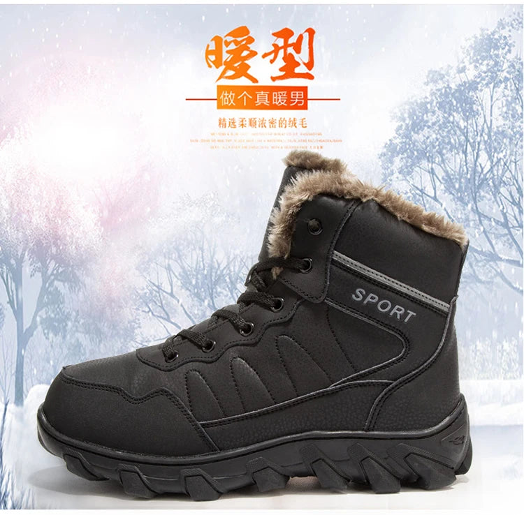 Men's Winter Snow Boots Leather Fabric Thickened Plush Shoes Extra Large Outdoor Mountaineering Anti Slip Training Shoes 39-48