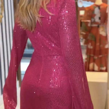 Autumn Winter Luxurious Sexy Sequins Cocktail Party Dress Prom Gown Cloak Sleeve V Neck Folds Corset Evening Floor Length Dress