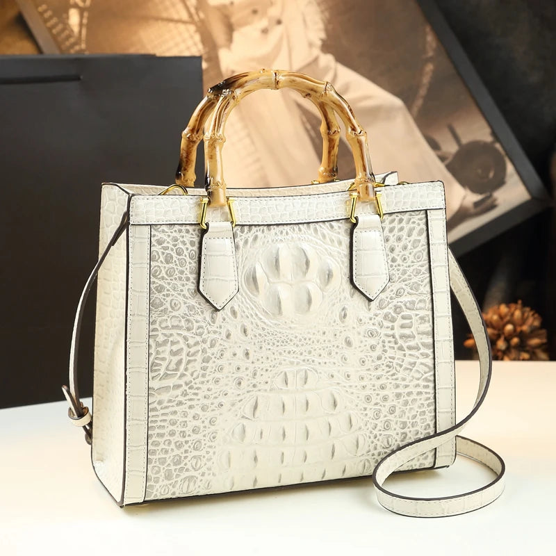 Crocodile Pattern Leather Women's Handbags Bamboo Handle Portable Tote Bag Mom Tide Shoulder Messenger Bags 2025 New Fashion
