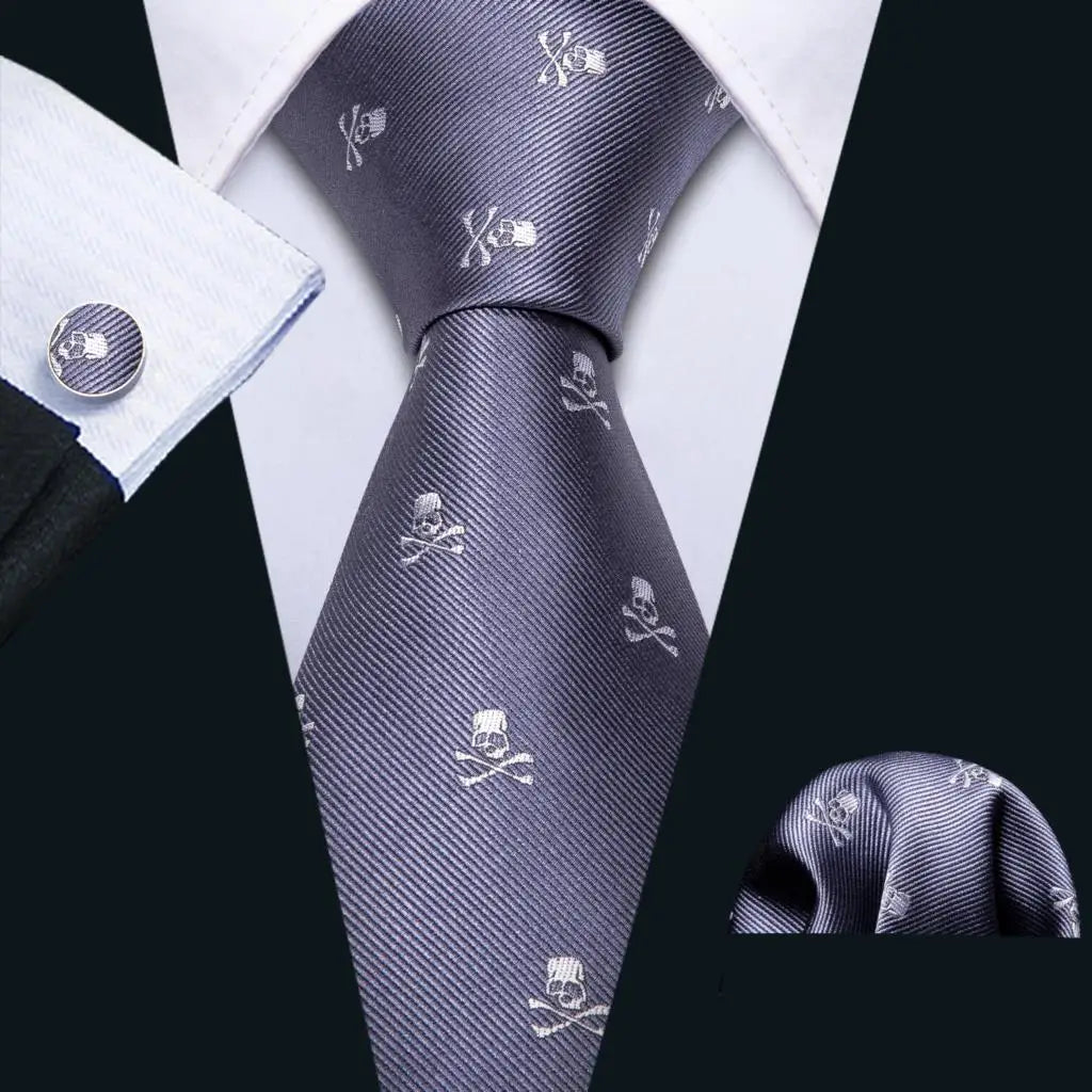 Barry.Wang Black White Gray Silver Silk Men Tie Handkerchief Cufflinks Set Jacquard Necktie for Male Wedding Business Party Gift