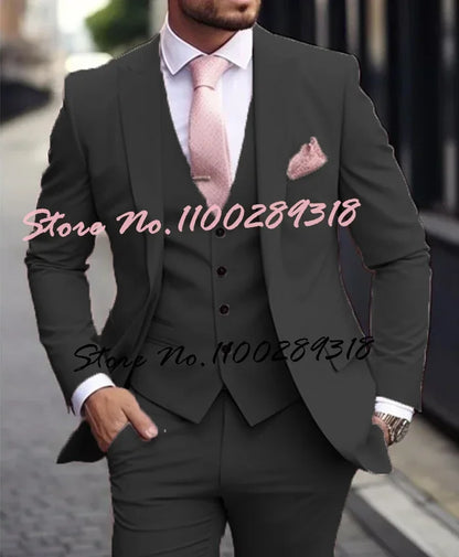 Pink Luxury Men's Suits Terno Formal Outfits 3 Piece Jacket Pants With Vest Slim Fit Luxury Costume Homme Formal Occasion Terno