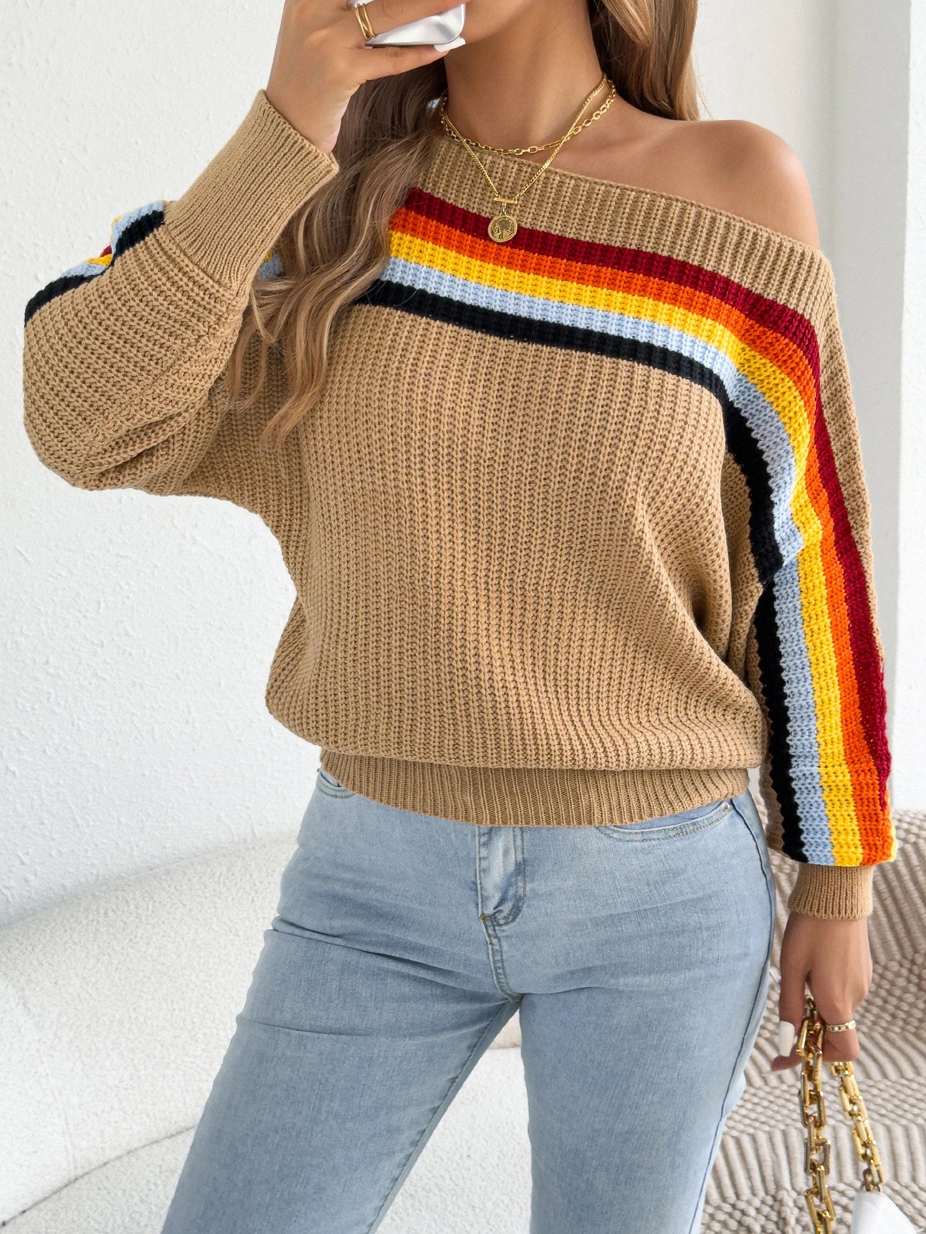 2025 Fashion Contrast Color Striped Sweaters Women Autumn Winter Casual Round Neck Lantern Long Sleeve Knitted Pullover