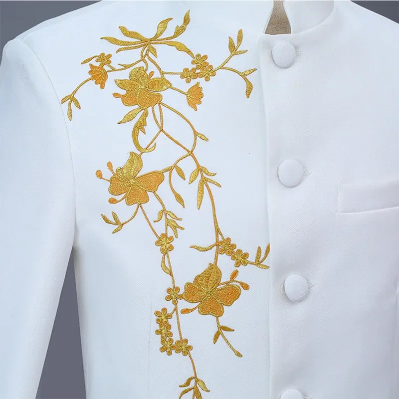 New Men Stand Collar Embroidery Suit 2 Piece Black / White / Red Fashion Male Stage Party Perform Blazer and Trousers