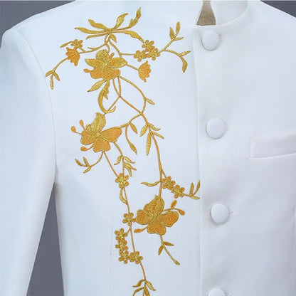 New Men Stand Collar Embroidery Suit 2 Piece Black / White / Red Fashion Male Stage Party Perform Blazer and Trousers