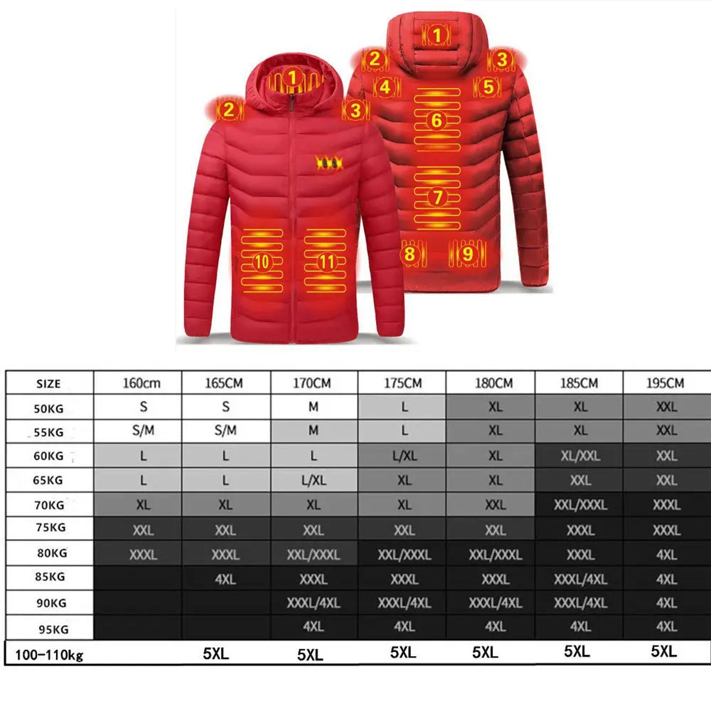 17 PCS heating Men Winter Warm USB Heating Jackets Smart Thermostat Pure Color Hooded Heated Clothing Waterproof  Warm Jackets